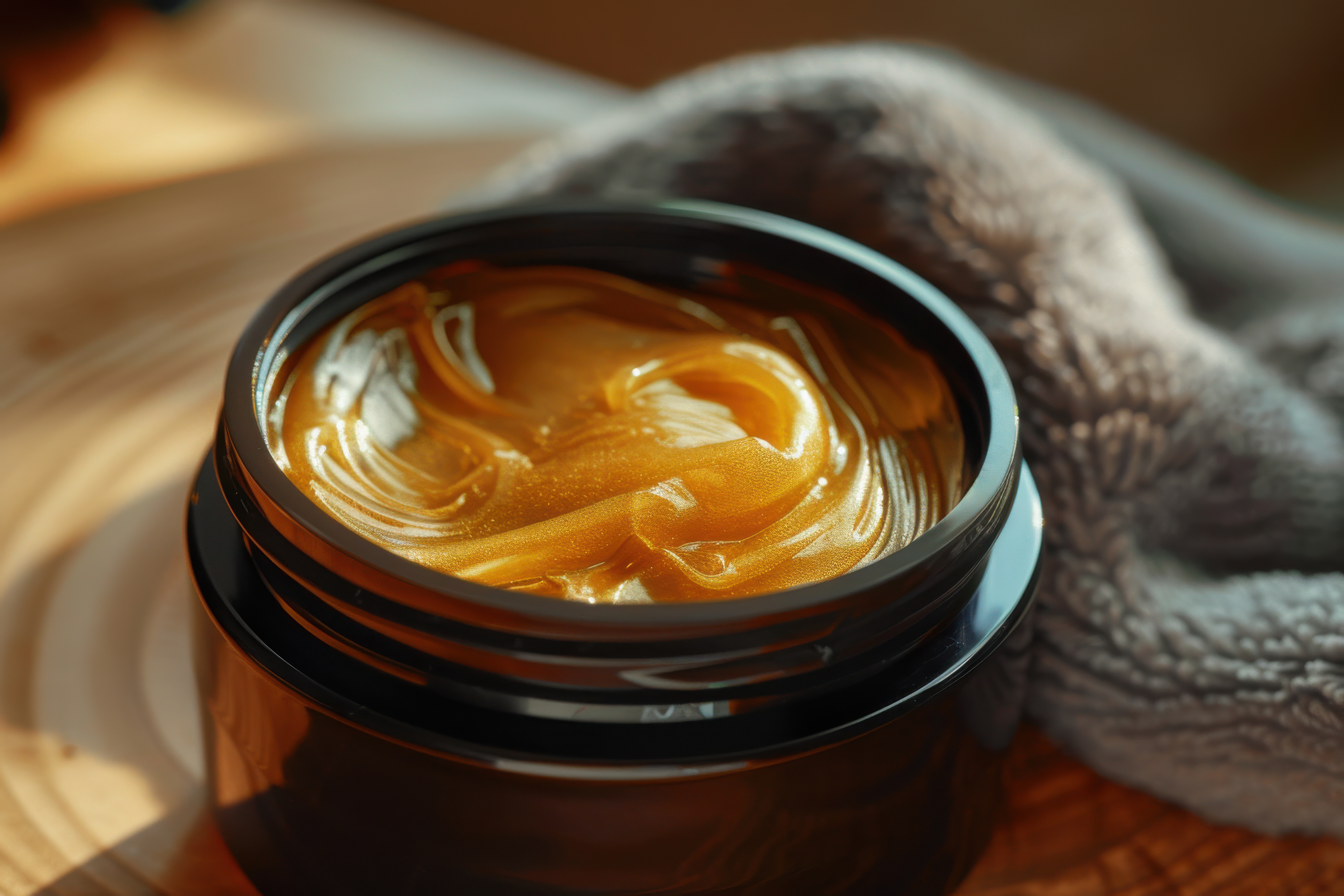 Golden cosmetic cream in a black jar with a soft towel in a warm setting